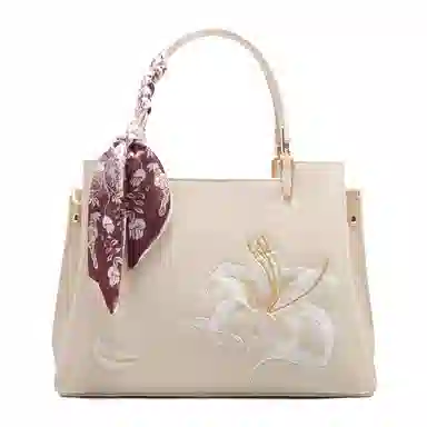 老人头 国风新中式刺绣优雅高级通勤 合成革 单肩斜挎手提包 常规 女款 百合米白