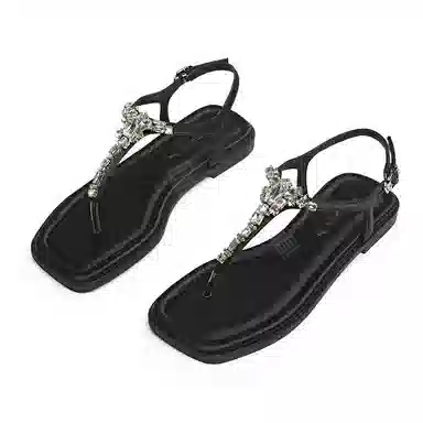 红蜻蜓 舒适平底 水钻夹趾拖  橡胶底 水晶 防滑防磨人字拖鞋 女