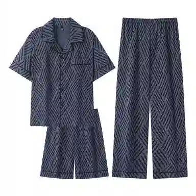 夏芬妍 简约休闲高级感创意条纹云朵棉翻领舒适亲肤宽松短袖三件套时尚可外穿家居服睡衣套装 男款