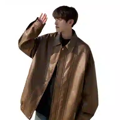 王者荣耀 美式基础款拼接翻领外套复古机车拉链宽松休闲百搭时尚皮衣 男女同款