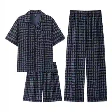夏芬妍 简约休闲高级感复古格子云朵棉翻领舒适亲肤宽松短袖三件套时尚可外穿家居服睡衣套装 男款