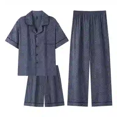 夏芬妍  简约休闲高级感艺术纹理云朵棉翻领舒适亲肤宽松短袖三件套时尚可外穿家居服睡衣套装 男款