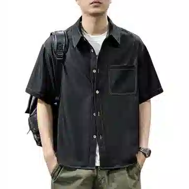 前进牛 美式经典复古潮牌辑明线简约休闲宽松牛仔休闲衬衣夏季短袖衬衫 男女同款