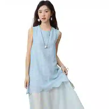 谜秀 法式刺绣假两件拼接简约通勤无袖连衣裙 女款