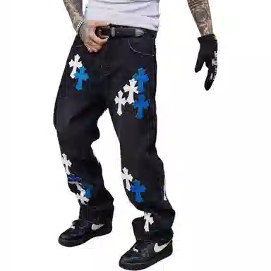 Baomika Vintage Washed Cross Embroidered Jeans