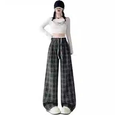 水中花 格子宽松适中高腰阔腿休闲裤 女款