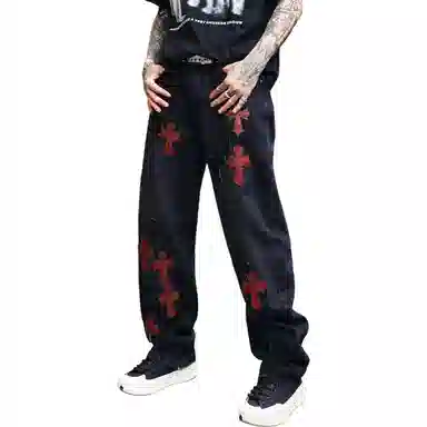 Baomika Vintage Washed Cross Embroidered Jeans