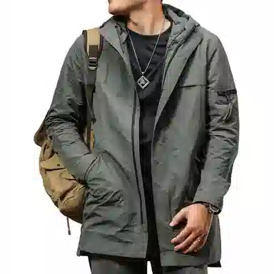 季言 防风连帽纯色中长款大衣 男款