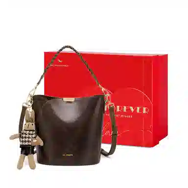 红蜻蜓 高级感气质复古水桶包小众质感通勤 牛皮 单肩斜挎手提包 常规 女款 深咖啡色