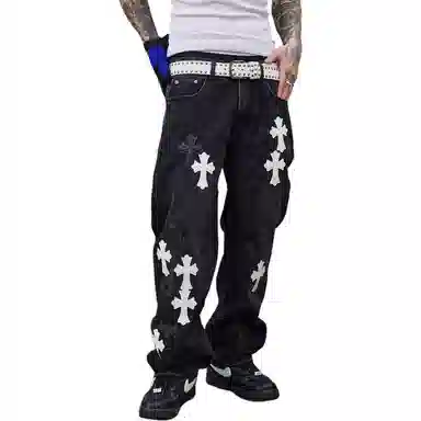 Baomika Vintage Washed Cross Embroidered Jeans