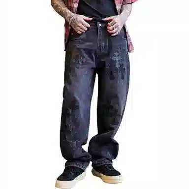 Baomika Vintage Washed Cross Embroidered Jeans