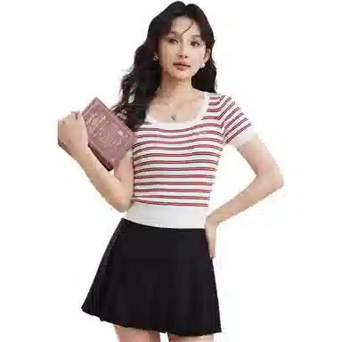 爱依服 通勤气质条纹短袖套头针织衫 女款