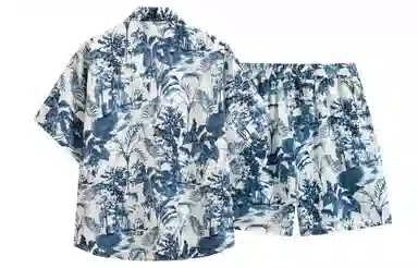 王者荣耀 毕业旅行度假满印金属标森林元素美式高街五分短裤两件套宽百搭时尚痞帅户外通勤宽松舒适透气衬衫套装 标语款 男女同款