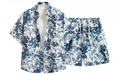 王者荣耀 毕业旅行度假满印金属标森林元素美式高街五分短裤两件套宽百搭时尚痞帅户外通勤宽松舒适透气衬衫套装 标语款 男女同款