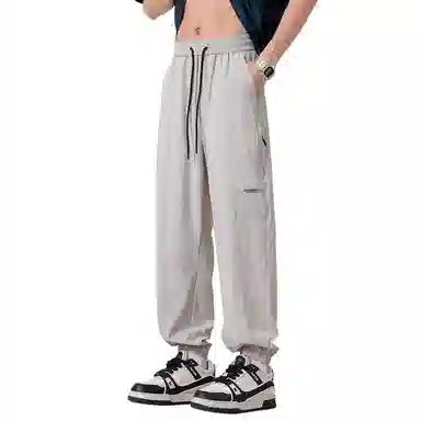 顶峰保罗 冰丝网孔潮牌薄款垂感无性别主义束脚长裤时尚百搭设计感直筒宽松运动抽绳大码休闲裤 男女同款