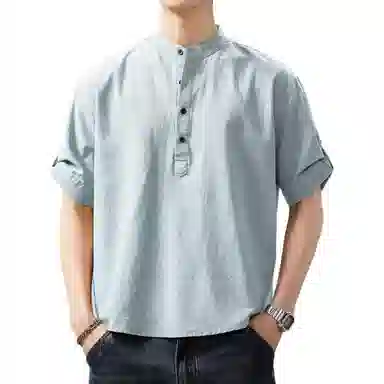 贵色 夏季 纯色简约风格中式立领国风短袖男士户外出行经典百搭纯棉舒适透气立体裁剪工艺休闲短袖衬衣衬衫 男女同款