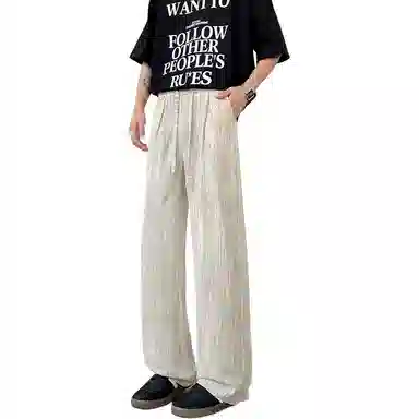 顶峰保罗 美式复古潮牌凉感舒适薄款直筒长裤竖条纹理感宽松小众百搭显瘦拖地阔腿休闲裤 男女同款