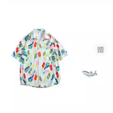 大白鲨 度假风泰式复古港风花古巴领短袖衬衫 男款 加纳红