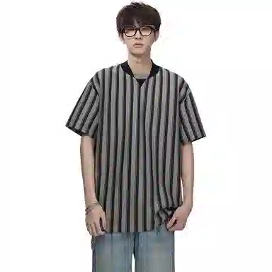 顶峰保罗 竖条纹拼接撞色复古打底衫上衣日系潮牌宽松小众百搭凉感薄款舒适翻领短袖衬衫 男女同款