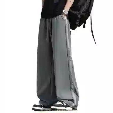 顶峰保罗 美式冰丝侧边条纹薄款潮牌垂感宽松阔腿无性别主义直筒运动长裤百搭弹力抽绳显高垂顺休闲裤 男女同款