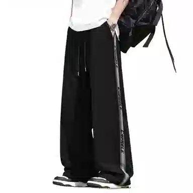 顶峰保罗 美式冰丝侧边条纹薄款潮牌垂感宽松阔腿无性别主义直筒运动长裤百搭弹力抽绳显高垂顺休闲裤 男女同款