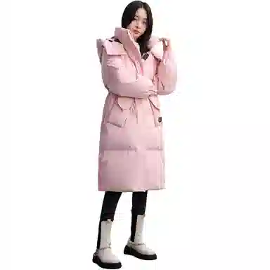 鸭鸭 简约宽松中长纯色棋盘格连帽拉链口袋加厚长袖羽绒服 女款