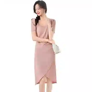 品彩 夏季法式方领收腰修身开叉中长裙子 短袖连衣裙 女款