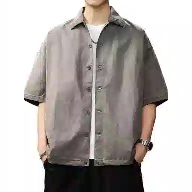 贵色 夏季 日系中性穿搭潮流复古水洗做旧短袖男士时尚纯色简约立体裁剪单排扣设计潮牌翻领休闲半袖衬衣外套衬衫 宽松 男款