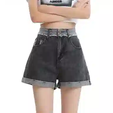 玫丝朵 水洗毛边高腰翻边直筒牛仔短裤 女款