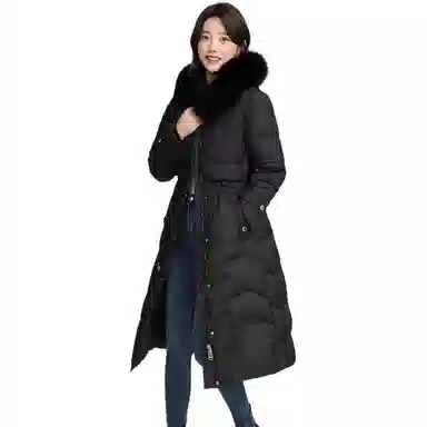 鸭鸭 纯色连帽拉链保暖中长款长袖羽绒服 女款
