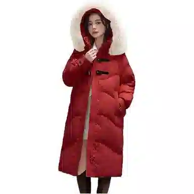 鸭鸭 舒适休闲经典保暖时尚加厚宽松连帽中长款羽绒服 女款