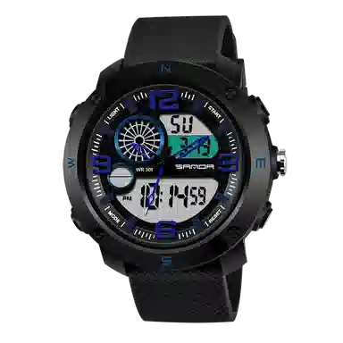 三达 时尚潮流学生腕表 电子+石英机芯 塑胶表带 国表 男表 黑色表盘 防水夜光