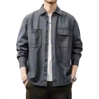 贵色 休闲舒适天然竹节纹理衬衣廓形工装外套男日系高街痞帅复古水洗牛仔潮流长袖衬衫 男女同款