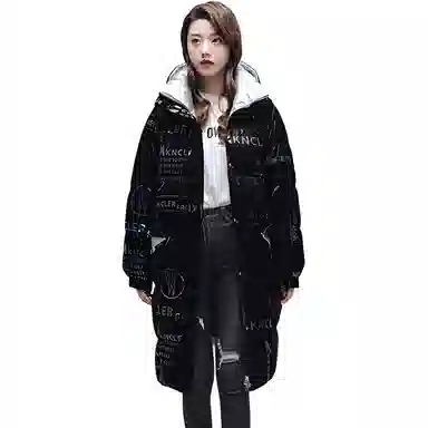 鸭鸭 中长款连帽时尚撞色亮面羽绒服 女款