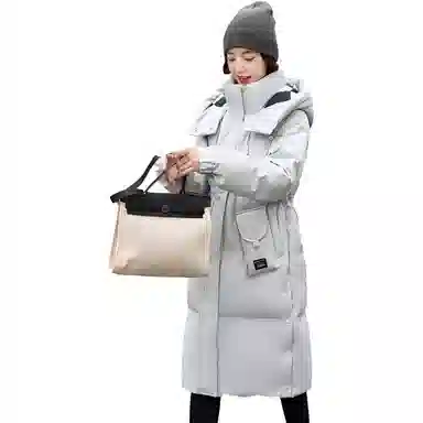 鸭鸭 简约宽松中长纯色棋盘格连帽拉链口袋加厚长袖羽绒服 女款