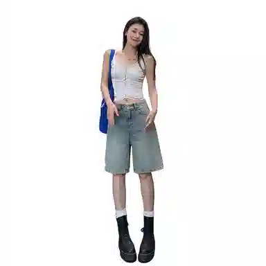 淑好百 复古高腰宽松小个子直筒五分牛仔短裤 女款