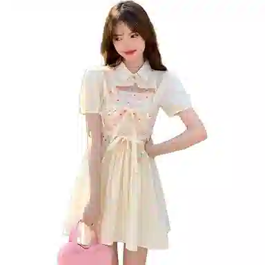 哒头下雨不愁 田园风纯欲碎花吊带连衣裙奶甜减龄短袖罩衫裙装套装 女款