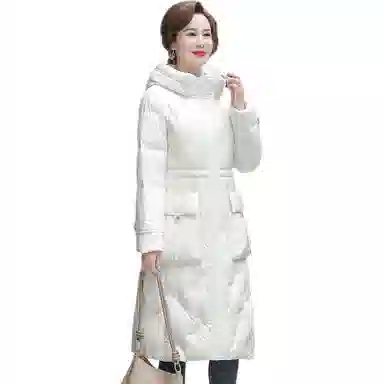 鸭鸭 纯色连帽拉链保暖中长款长袖羽绒服 女款