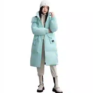 鸭鸭 简约宽松中长纯色棋盘格连帽拉链口袋加厚长袖羽绒服 女款