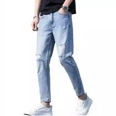 尘映 美式高街潮牌复古破洞水洗休闲百搭透气清凉九分小脚修身牛仔裤 男女同款