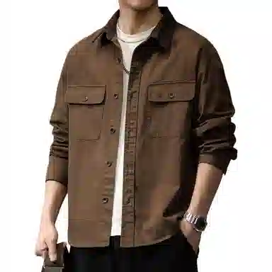 贵色 男士翻领百搭夹克纯棉休闲百搭衬衣外套美式简约痞帅明线工装重磅水洗咖色长袖衬衫 男女同款