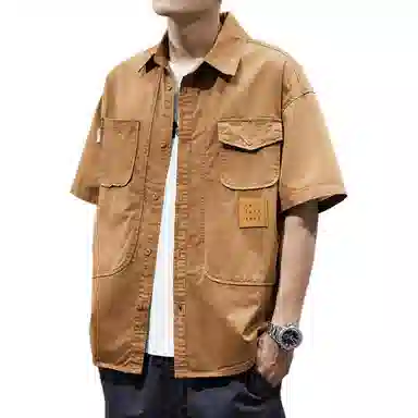 贵色 凉感户外叠穿大码痞帅美式复古潮牌多口袋工装纯棉水洗宽松型短袖衬衫 男女同款