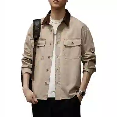 贵色 男士翻领百搭夹克纯棉休闲百搭衬衣外套美式简约痞帅明线工装重磅水洗咖色长袖衬衫 男女同款