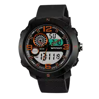 三达 时尚潮流学生腕表 电子+石英机芯 塑胶表带 国表 男表 黑色表盘 防水夜光