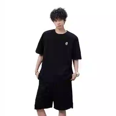 大白鲨 美式复古韩版纯色褶皱肌理感设计短袖上衣潮流时尚百搭薄款透气宽松短裤休闲运动套装 男女同款