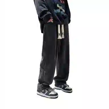 玉儿恋 潮牌水洗做旧复古中腰宽松直筒休闲系带牛仔裤 男款