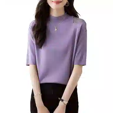 曲韩 半高领拼接纯色打底衫针织衫 女款