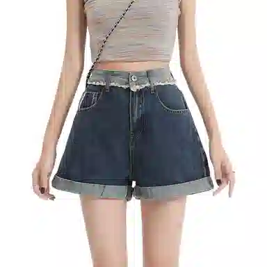 玫丝朵 水洗毛边高腰翻边直筒牛仔短裤 女款