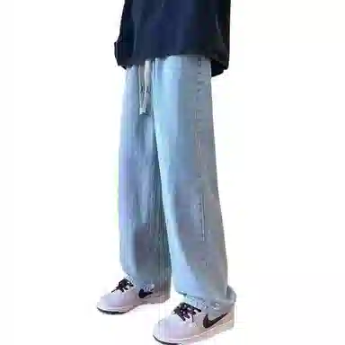 玉儿恋 潮牌水洗做旧复古中腰宽松直筒休闲系带牛仔裤 男款