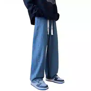 玉儿恋 潮牌水洗做旧复古中腰宽松直筒休闲系带牛仔裤 男款